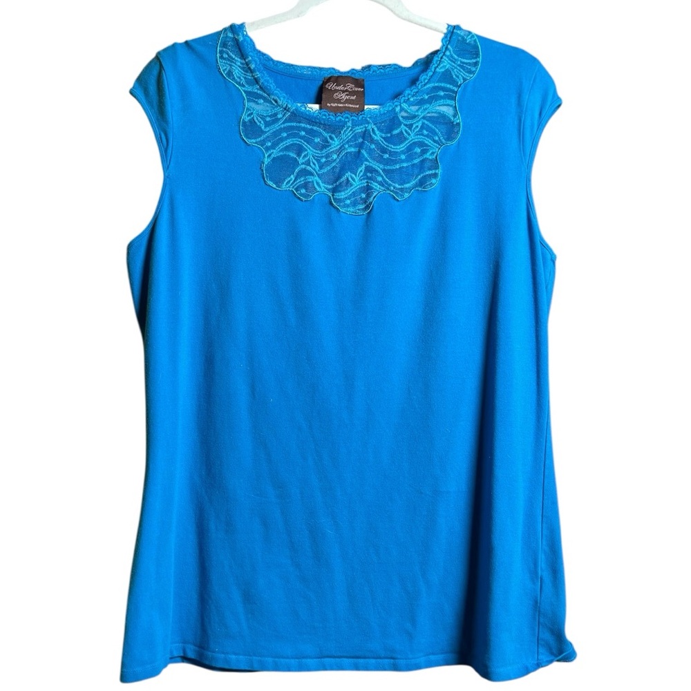 Kathleen Kirkwood Shoulder Padded Cap Sleeve Top With Lace. Peacock Blue. 1X